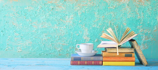 old books and cup of coffee, free copy space