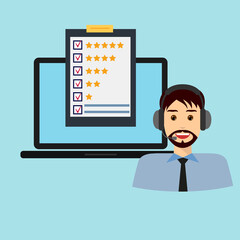Customer service rating flat illustration. Call centre. Job recruitment, business, career choices, evaluation, review, customer feedback, service survey form. Design, template for web banners, apps.