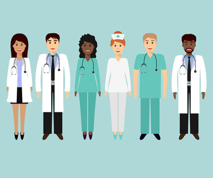 Medical characters flat people. Group of doctors and nurses. Medical team concept in flat design, set.