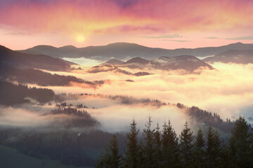 Foggy houses in Verkhovyna