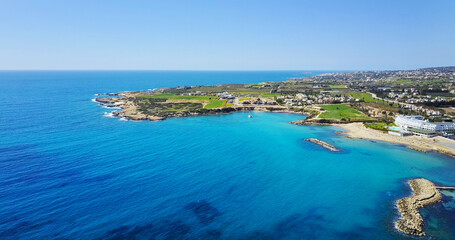 Fototapeta na wymiar The bay of Aphrodite. Coast, beach, sea, rocks. Cyprus. Mediterranean Sea Place for travel and rest. health resort