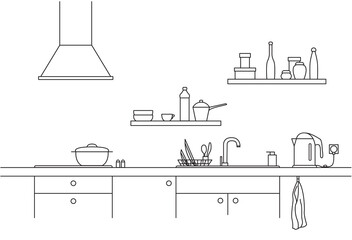 Kitchen sink. Kitchen worktop with sink, kitchen hood and plate in line style.