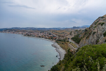 Fototapeta na wymiar Aerial view of Bova Marina Town, a Mediterranean beach of Ionian Sea - Bova Marina, Calabria, Italy