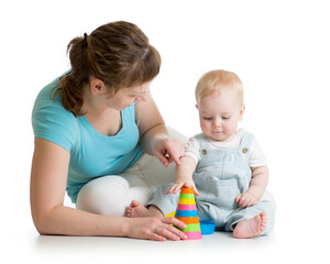 child and mom play with block toys