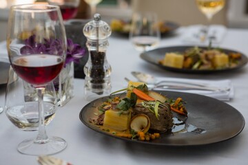 Food and drink served on table