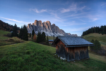 Odle group, sunrise at malga Gampen, Trentino Alto Adige, Italy