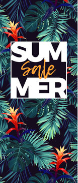 Floral sale design with guzmania flowers, monstera and royal palm leaves. Exotic hawaiian vector background.
