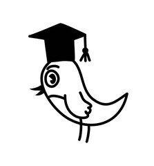 Little bird wearing graduated hat logo. Vector illustration