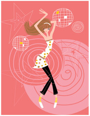 Disco girl dancing in the night club. Vector illustration.