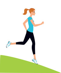 Woman wearing fitness outfit running down the hill. Vector illustration.