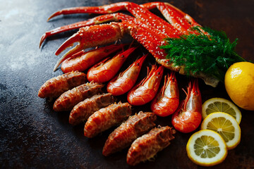 Crab with shrimp on a daylight with lemon and dill
