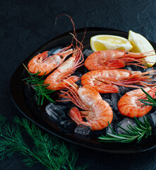 Prawns with lemon slices on ice on dark stone background, top view