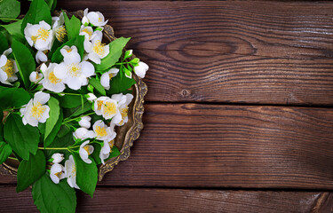 Fototapeta na wymiar Bouquet of white blossoming jasmine on a copper plate