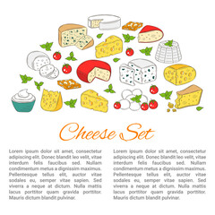 Vector banner template with different types of cheese, hand drawn illustration.