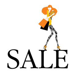 Fashion woman carrying the shopping bags and walking on the SALE letters. Vector illustration.