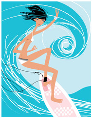 Surfing woman catching a big wave. Vector illustration.