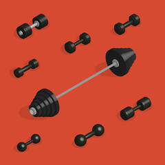 Flat design elements for gym and fitness in 3D, vector illustration.