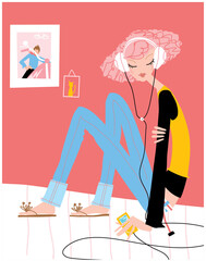 Teen girl listening to the music at home. Vector illustration.