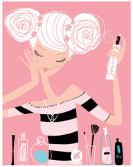 Beautiful girl making her hairstyle and spraying hair. Vector illustration.