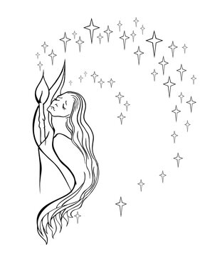 Vector outline of black lines on a white background suffering woman with a candle and stars,