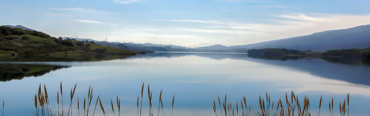 Panoramic Reservoir and Reflections. Crystal Springs Reservoir, San Mateo County, California, USA.