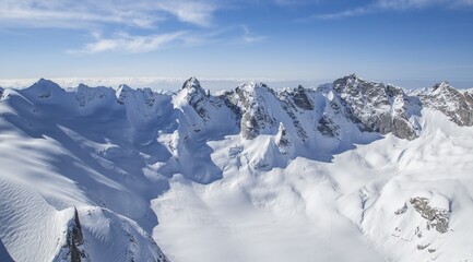 Naklejka premium Aerial view of Pizzi Torrone and part of Forno glacier. Forno valley, Engadine, Canton of Grisons, Switzerland Europe