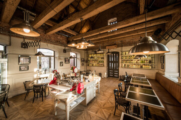 Interior of caffee restaurant with wooden ceiling