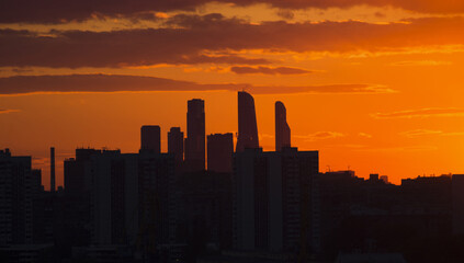 Red sunset in Moscow on the city