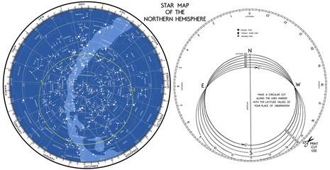 Star map. The search mobile map of the starry sky of the northern hemisphere. Vector is not traced, many layers. Works in a wide range of geographical latitudes. - obrazy, fototapety, plakaty