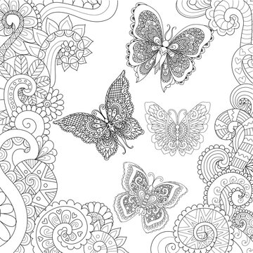 Beautiful butterflies flying in the floral jungle design for adult coloring book pages. Vector illustration
