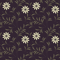 Beautiful seamless pattern with white chamomile flowers and green leaves