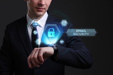 Business, Technology, Internet and network concept. Young businessman working on a virtual screen of the future and sees the inscription: Email security