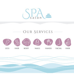 Flat line design of web banner template with outline icons of professional beauty salon services, makeup accessories and spa body care. Modern vector illustration concept for website or infographics.
