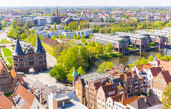 Lubeck, Germany - May 7, 2017: Summer view of The Holsten Gate or Holstentor in Lubeck old town - Germany, Schleswig-Holstein