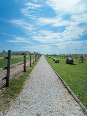 track on farm along the wooden fence on a blue sky background