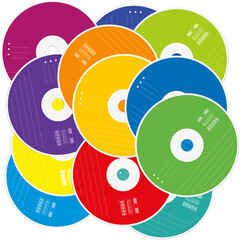 Heap of CDs or DVDs - CD pile with colored labels as a symbol for mass of data and information - isolated vector illustration on white background.