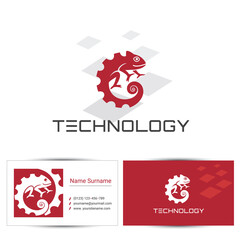 Naklejka premium Technology. Abstract chameleon icon with business card design template. Can be used for the concept of technology logo or digital company, industrial engineering.