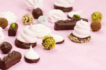 Assortment of homemade sweets. Marshmallows and chocolates
