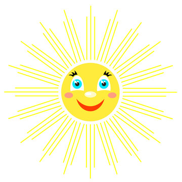 Smiling sun with rays of different shapes. Icon on a white background. Vector image in a cartoon style