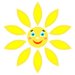 Smiling sun with rays of different shapes. Icon on a white background. Vector image in a cartoon style