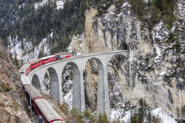 Bernina Express passes through Landwasser Viadukt and snowy woods Filisur Canton of Grisons...