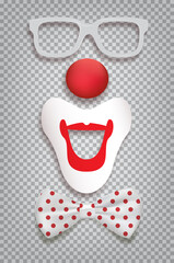 Clown accessories isolated on transparent background. Vector clown glasses, nose, mouth  and bow tie polka dot.