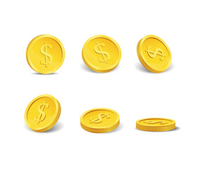 Golden casino coins in different positions isolated on white. Vector.