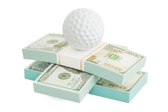 Money and golf ball. Online sport bets. 3D rendering