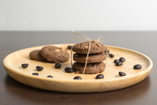 chocolate chip cookies on wood background