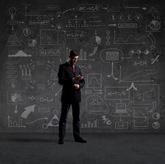 Businessman with smartphone.  Schematic background. Business and office, concept.