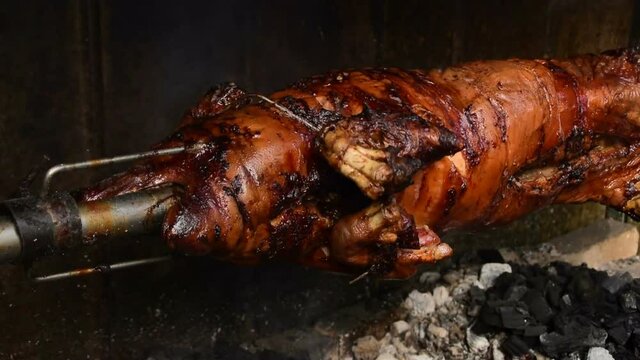 Pig is roasting on a spit. Roasting pig is prepared for festivities to sale. Pig is over fire pit being automatically turned.Pig on a spit, Pig roast BBQ, 