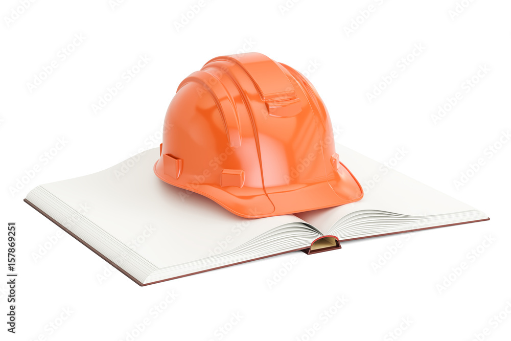 Poster opened blank book with hardhat, 3d rendering