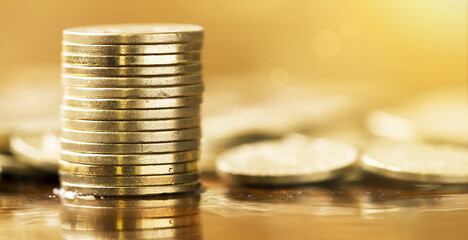Business success concept - website banner of golden money coins