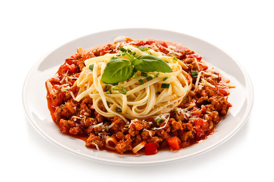 Spaghetti bolognese on white background 